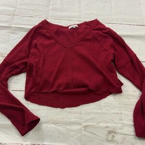 RO & DE long sleeve vneck red thermal waffle cut off crop top oversize womens xl
